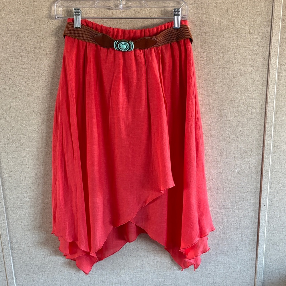 BCX Coral Asymmetrical Handkerchief Hem Skirt Sz M Western Turquoise Belt Boho